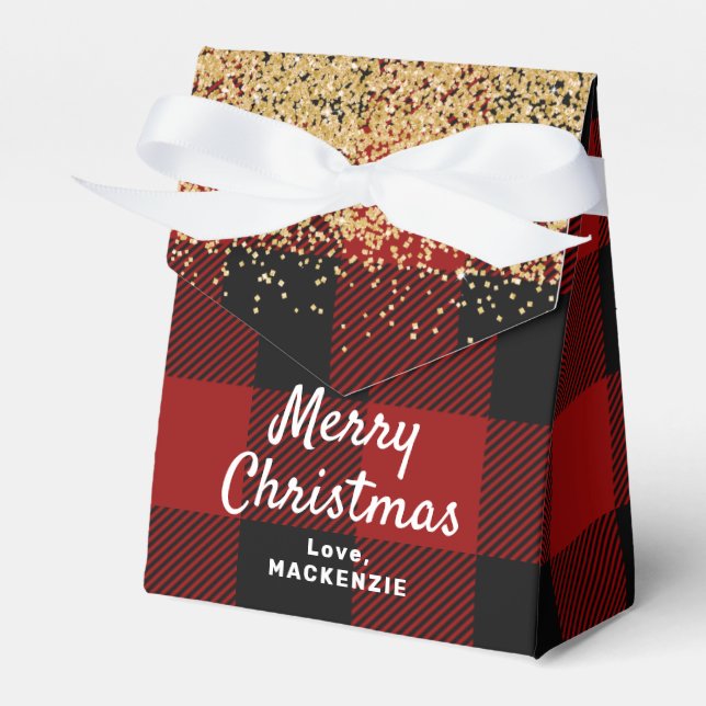 Caixinha De Lembrancinhas Xadrez de Buffalo Vermelho e Natal Dourado (Frente)
