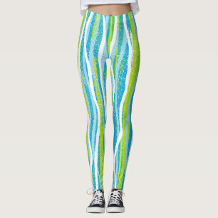 Calça Legging Listrada Azul Verde Branco de Qualid
