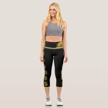 Calças de Yoga de Girassol Negro com Trilha Amarel