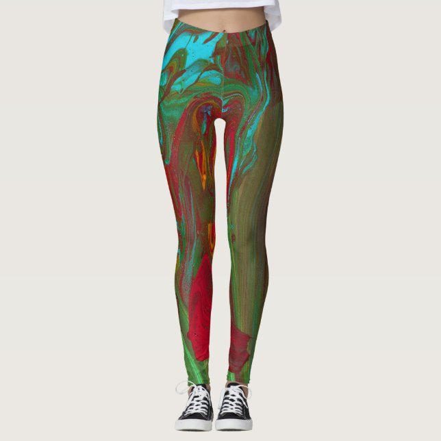 Calças Leggings Abstratas Vermelhas e Verdes 1 de  (Frente)