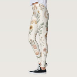 Calças Leggings Boho Neutras Chuva Botânica Terra
