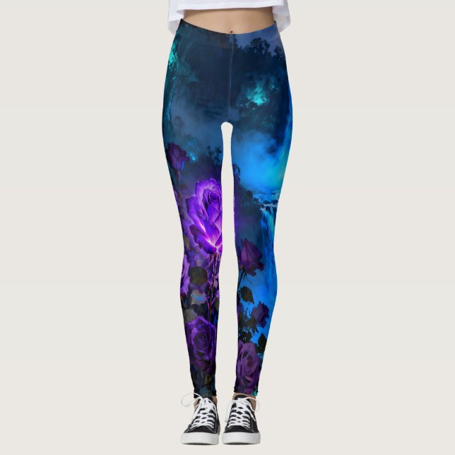 Calças Leggings da Cachoeira de Água de Rosa Roxa  (Frente)