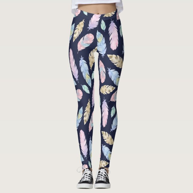 Calças Leggings de Penas Boho Pastel (Frente)