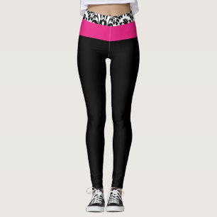 Calças Leggings Rosa Quente Preto e Branco Damask 