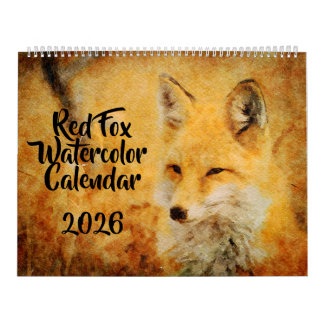 Calendário 12 Cute Red Fox Watercolor Paintings Wildlife Art