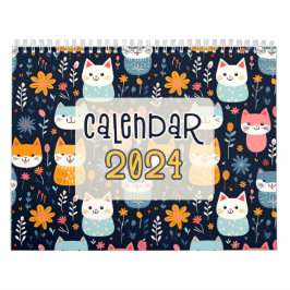 Calendário 12 Designs de Padrões sem costura para gatos branc