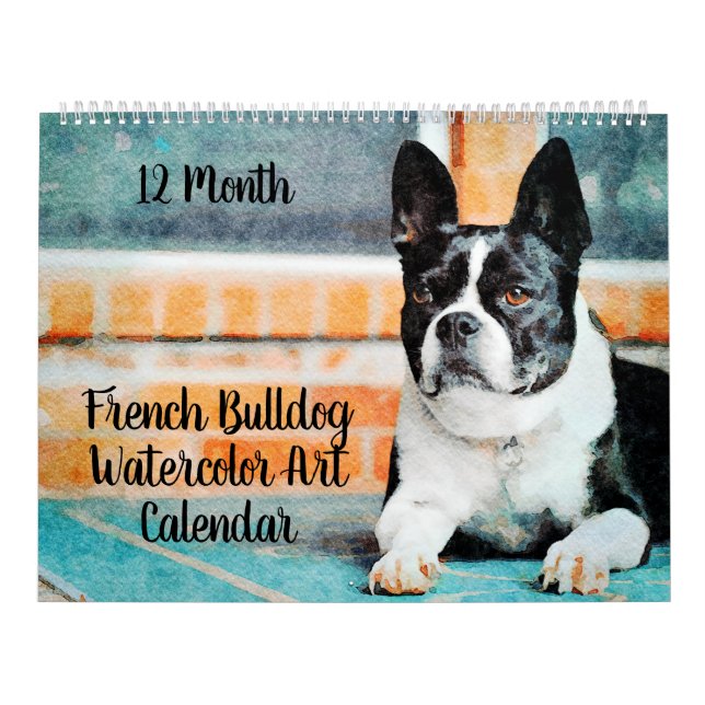 Calendário 12 Meses Cães Bulldog Franceses Art Watercolor Gif (Capa)