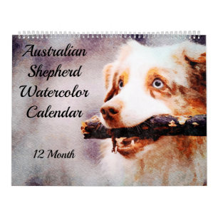 Calendário 12 Meses de Aquarela de Pastores Australianos