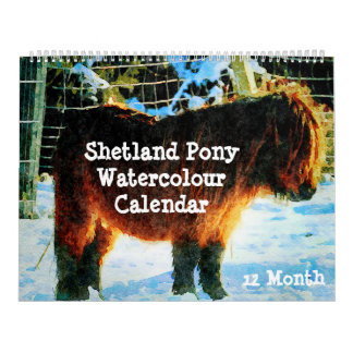 Calendário 12 Meses Shetland Ponies Watercolor Pintura