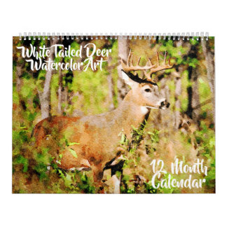 Calendário 12 Meses - Whitetail Deer Watercolor Wildlife Art