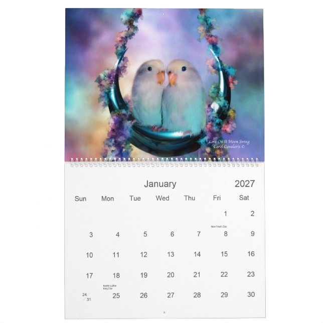 Calendário 2011 da arte dos pássaros do amor (Jan 2027)