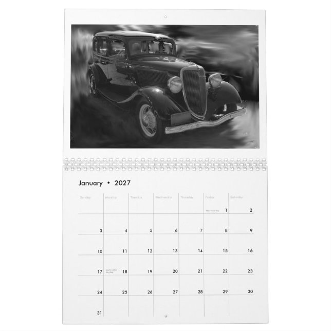 Calendário 2012 carros de ontem em preto e branco (Jan 2027)