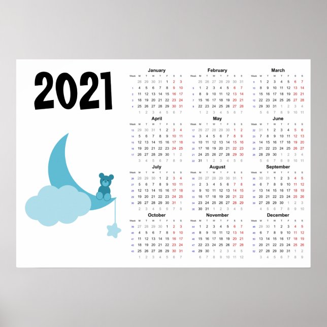 Calendário 2021 do urso de pelúcia - Poster de seg (Frente)