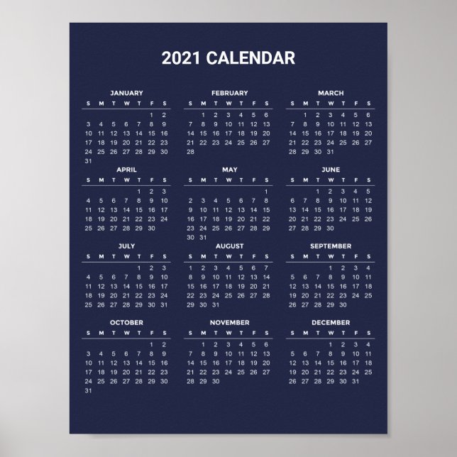 Calendário 2021 Simples E Elegante | POSTER (Frente)
