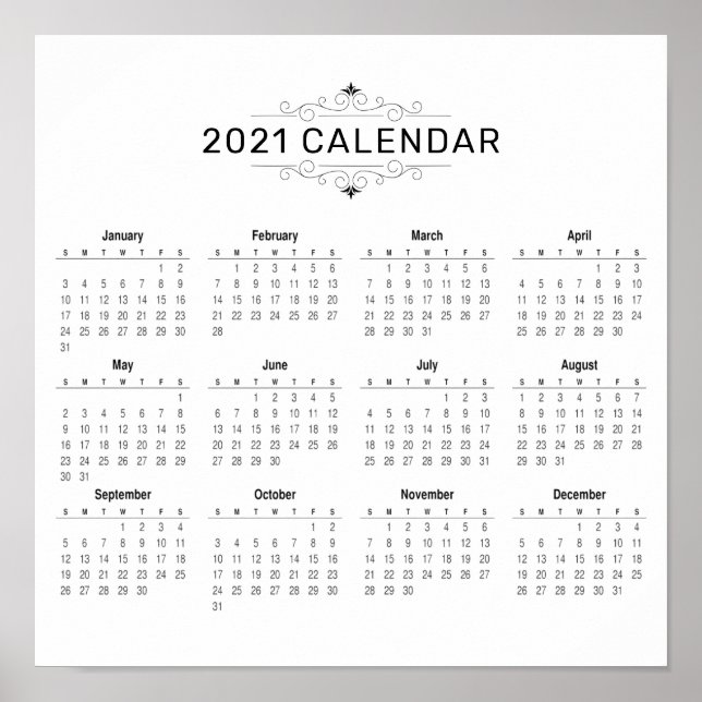 Calendário 2021 Simples E Elegante | POSTER (Frente)