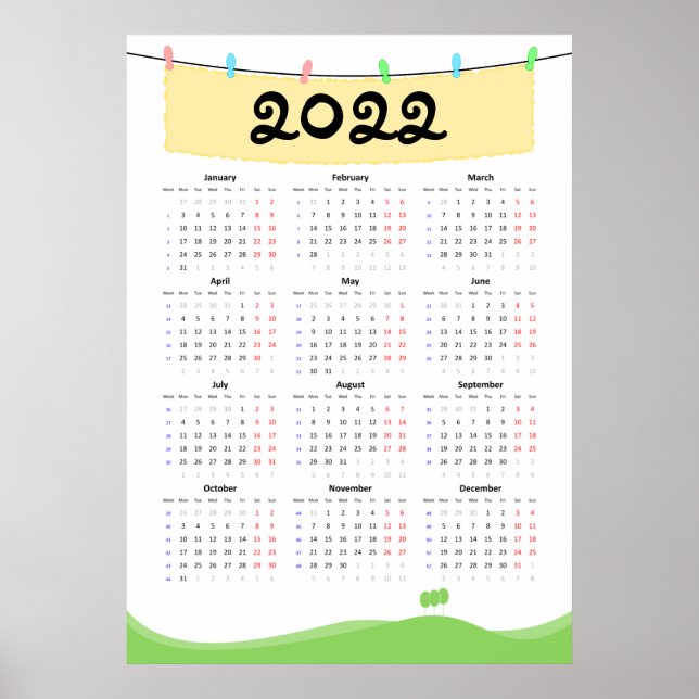 Calendário 2022 Poster - início segunda-feira (Frente)