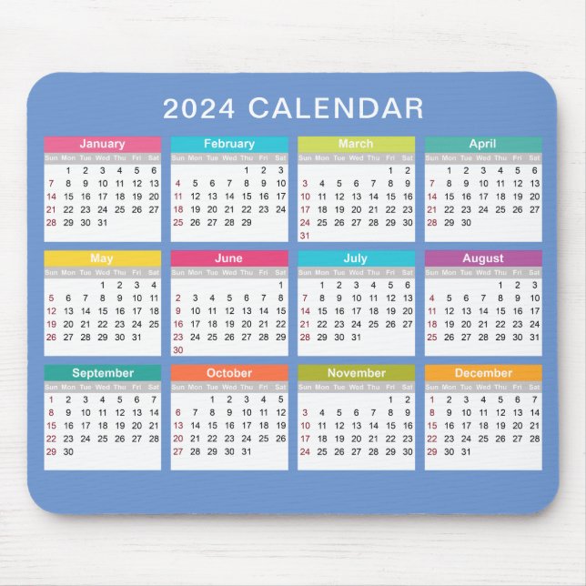 Calendário 2024 bonito e colorido | Mousepad (Frente)