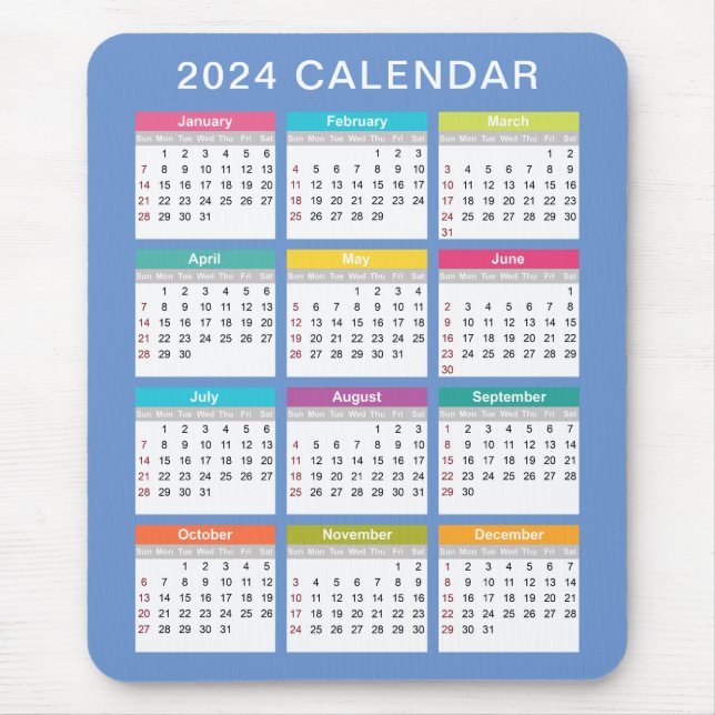 Calendário 2024 bonito e colorido | Mousepad (Frente)