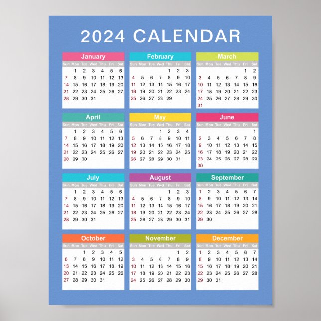 Calendário 2024 bonito e colorido | POSTER (Frente)