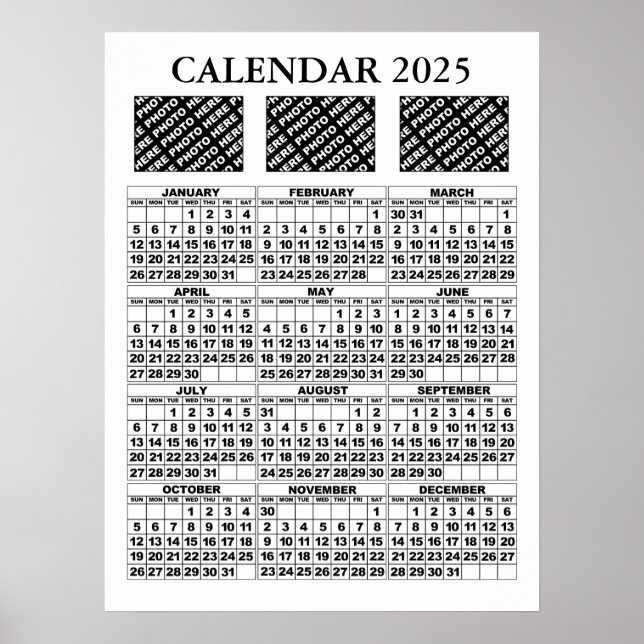 Calendário 2025 Adicionar 3 Fotos Poster Branco 45 (Frente)