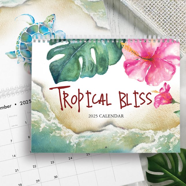 Calendário 2025 de Arte Tropical de Cores Aquática (Calendar with tropical watercolor art by Victoria Grigaliunas of Do Tell A Belle)