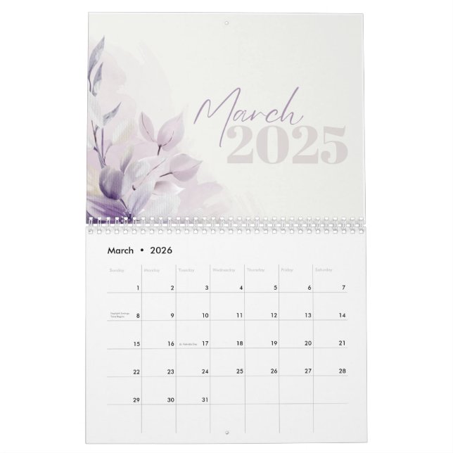 Calendário 2025 Floral Purple Watercolor (Mar 2026)