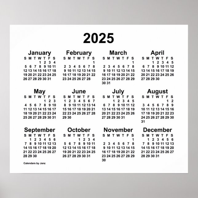 Calendário 2025 Parede Branca por Janz Poster (Frente)