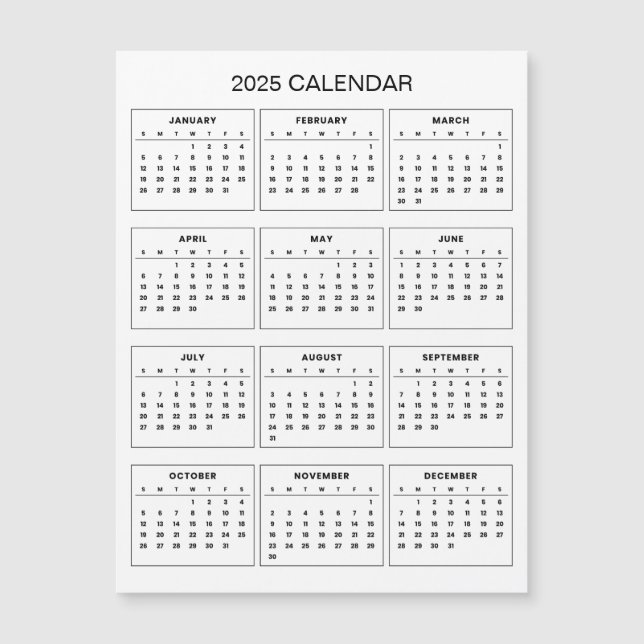 Calendário 2025 Simples E Elegante | Cartão Magnét (Frente)