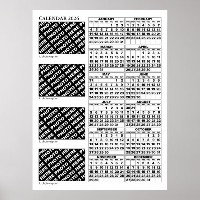 Calendário 2026 Adicionar 4 Fotos Poster 24x32in (Frente)