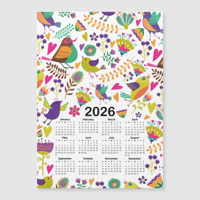 Calendário 2026 Aves e Flores Rosa e Púrpura (Frente)