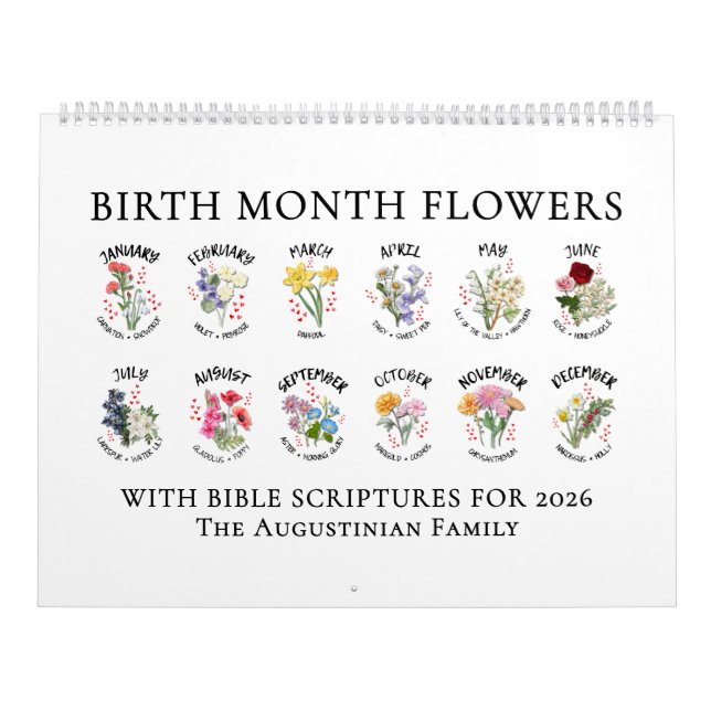 Calendário 2026 BIRTH MONTH FLOWERS Christian Bible Verse (Capa)