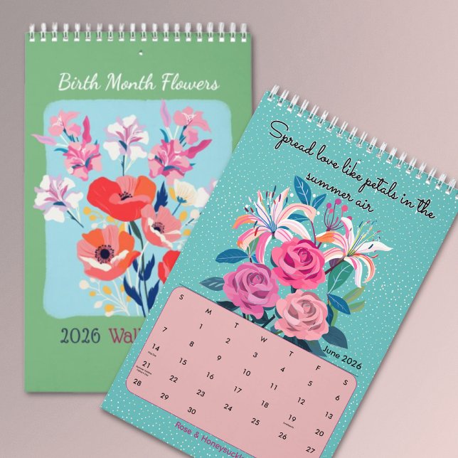 Calendário 2026 Elegant affirmation birth month flowers wall (Criador carregado)