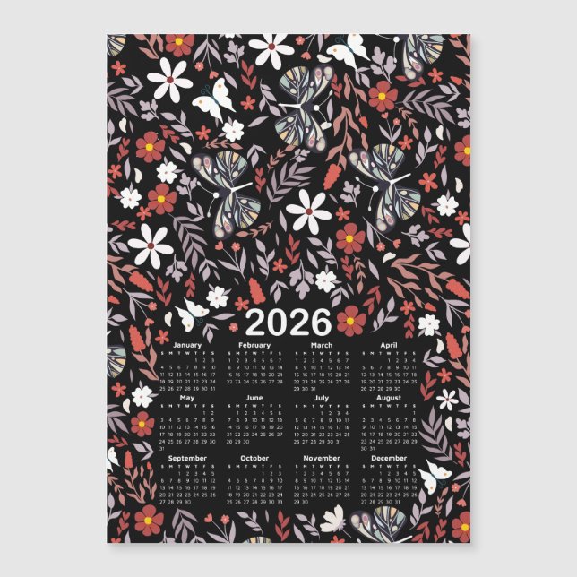 Calendário 2026 Floral Whimsical & Butterfly Black (Frente)