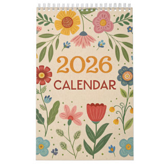 Calendário 2026 Folk Art Floral Wildflower Cottageco calendar