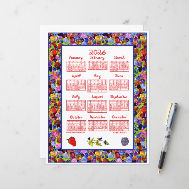 Calendário 2026 Frutas Vermelhas Quadro Fonte de T (Frente/Verso In Situ)