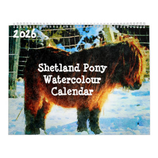 Calendário 2026 Hardy Shetland Ponies Watercolor Painting Art