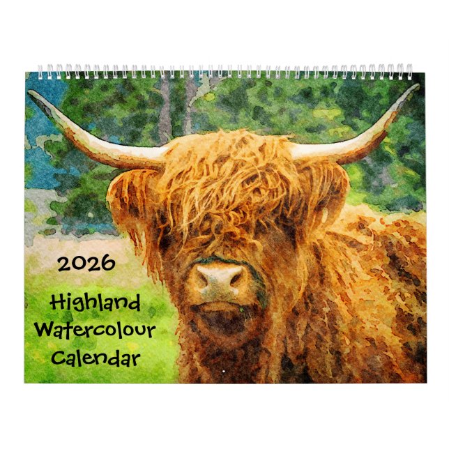 Calendário 2026 Highland Cow Cattle Cute Watercolor Paintings (Capa)