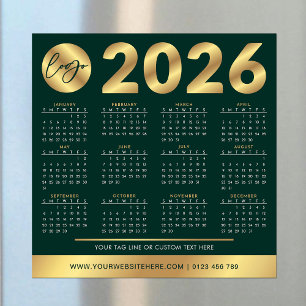 Calendário 2026 Logotipo comercial verde e Dourado
