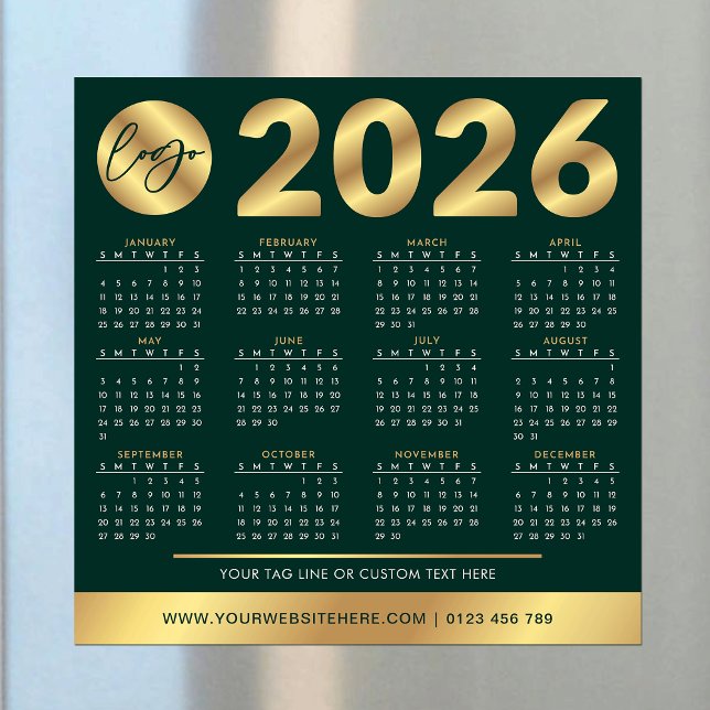 Calendário 2026 Logotipo comercial verde e Dourado (Criador carregado)