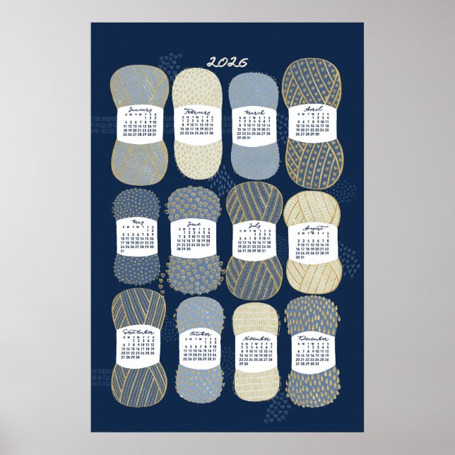 Calendário 2026 Poster Azul e Dourado (Frente)