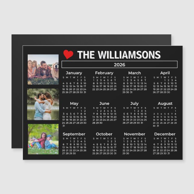 Calendário 2026 Preto Branco Colagem de Fotos Ímã (Frente/Verso)