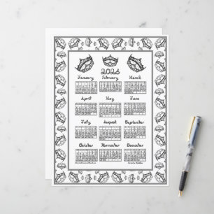 Calendário 2026 Rainha de Copas Tiara Prata Tecido