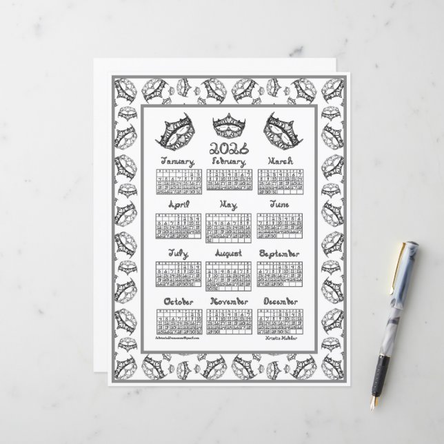 Calendário 2026 Rainha de Copas Tiara Prata Tecido (Frente/Verso In Situ)