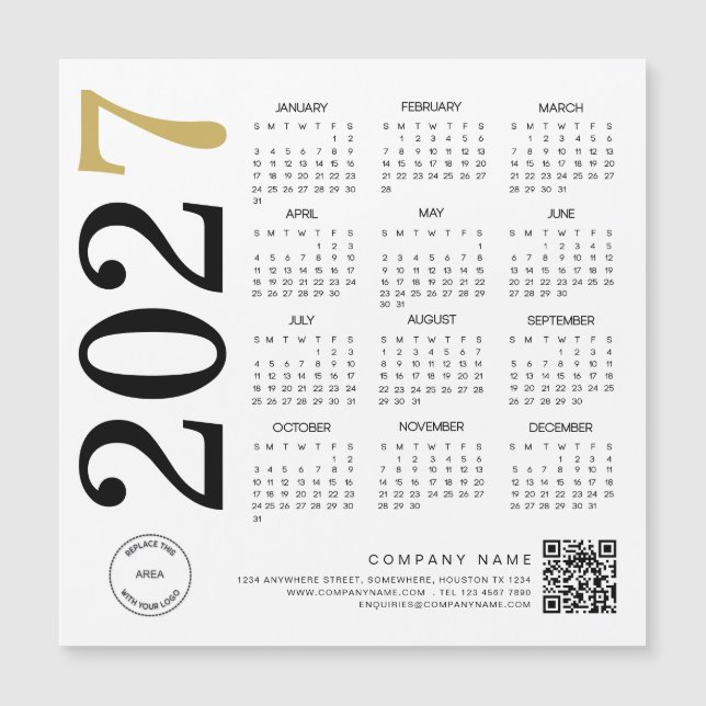 Calendário 2027 Dourado Branco Logo Código QR Negó (Frente)