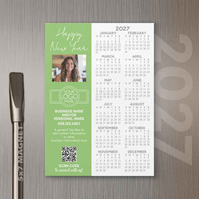 Calendário 2027 ÍMÃ - logotipo, Código QR, Foto Pl (2027 Calendar Magnet for Business Promotion)