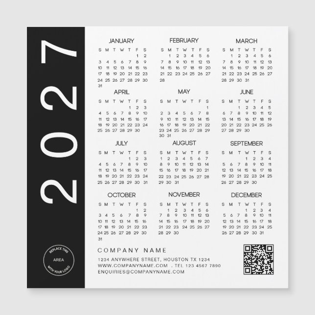 Calendário 2027 Logotipo da Empresa Código QR Text (Frente)