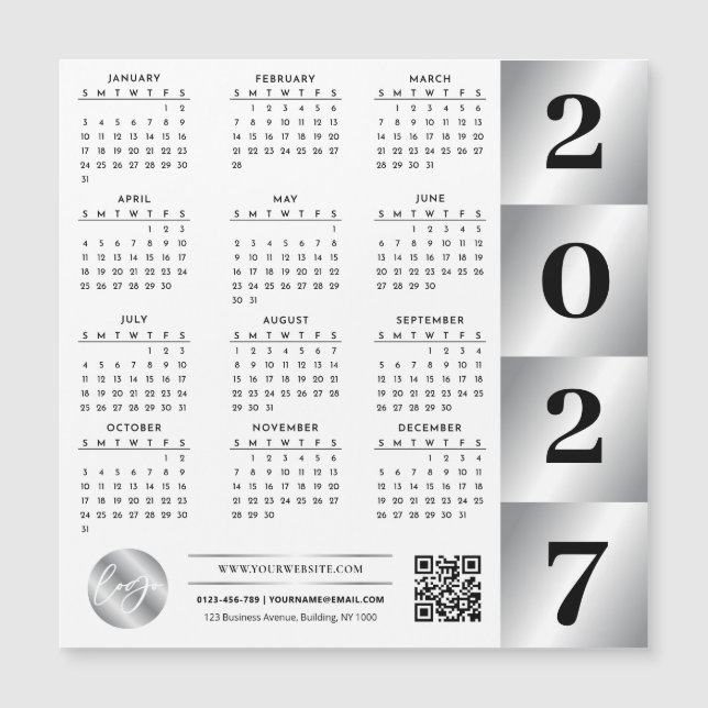 Calendário 2027 Logotipo Negócios Código QR Chrome (Frente)