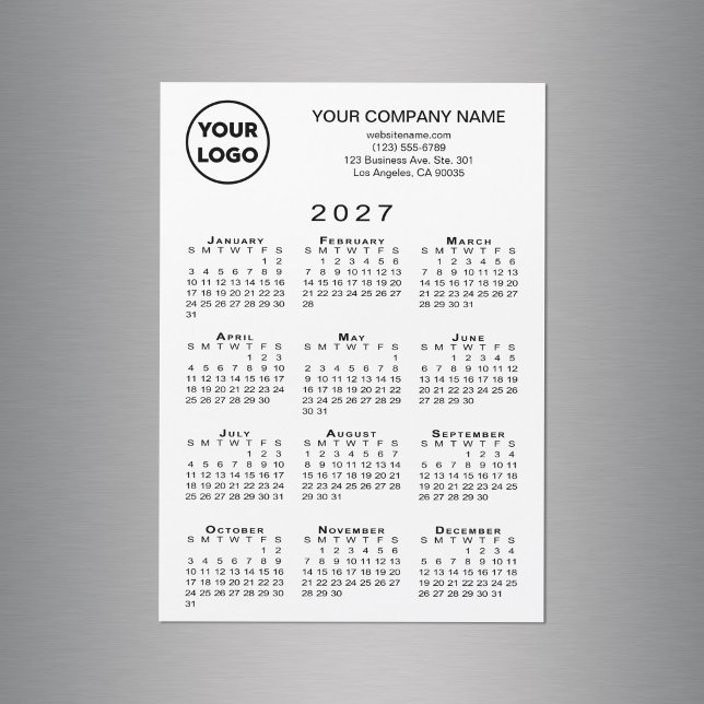 Calendário 2027 Logotipo Texto Branco Ímã Cartão (2027 Calendar Business Logo Text White Magnet Card in situ)
