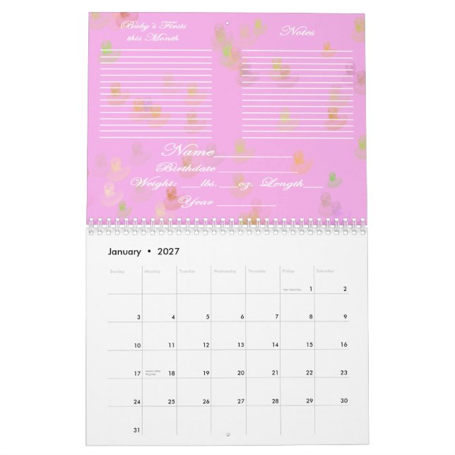 Calendário aberto do primeiro ano do bebê (Jan 2027)