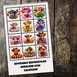 Calendário Adorable Highland Cow Watercolor Calendar